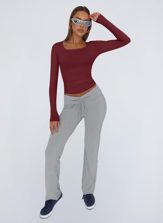 Trendy Queen Womens Long Sleeve Shirts Crop Scoop Neck Tops Fall Fashion Solid Going Out Basics Tees Y2k Clothes 2026 Burgundy S - Image 5
